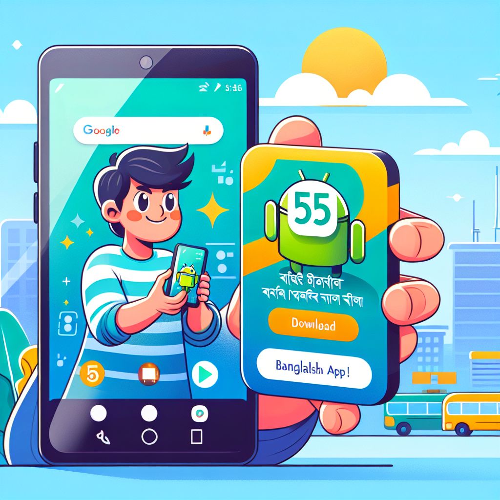 55Taka app cartoon character holding an Android phone with a download screen