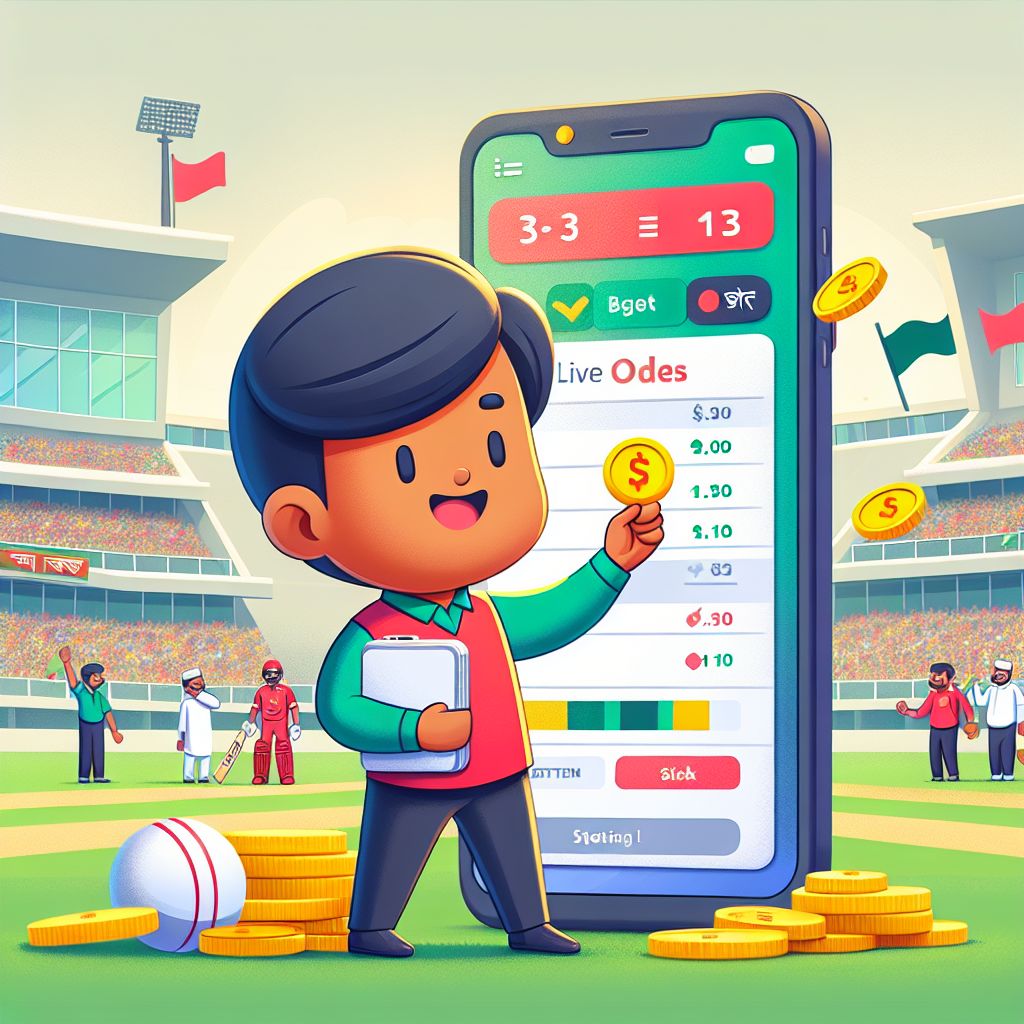 Cartoon sports fan holding a phone with live odds and a cricket match scoreboard
