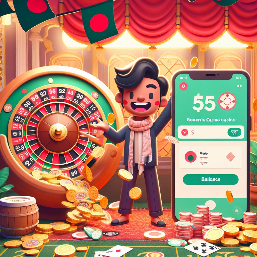 55Taka casino cartoon characters with coins, cards, and a roulette wheel in a Bangladesh-themed setting