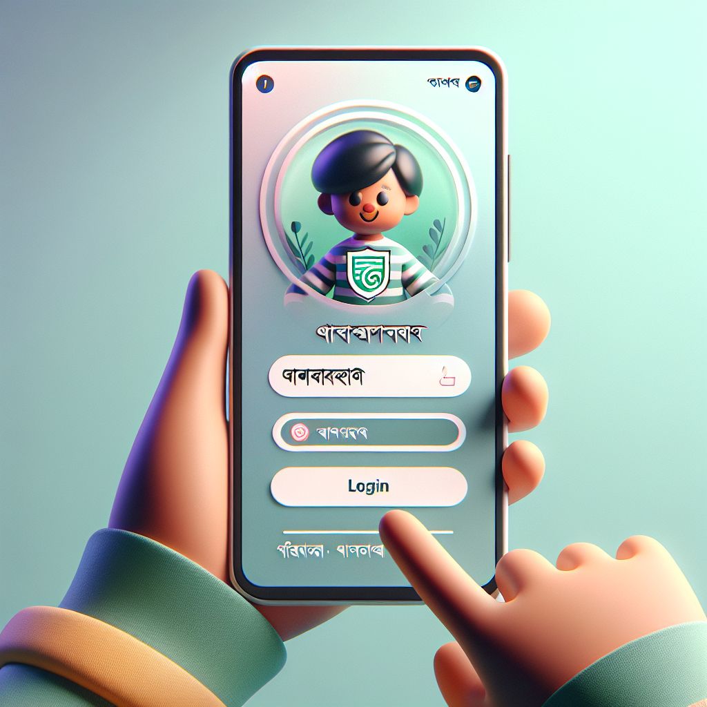 55Taka themed cartoon character holding a phone with a login screen and a shield icon