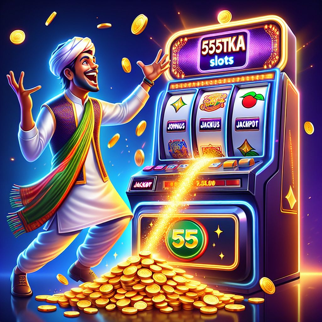 55Taka themed cartoon character spinning slot reels with coins and bonus symbols